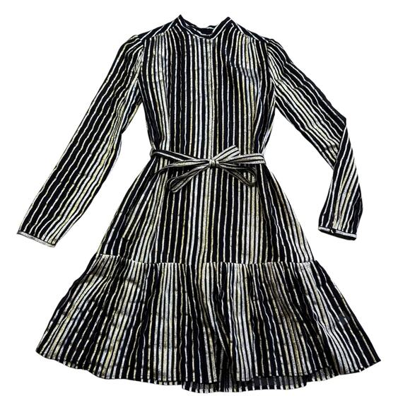 Saloni Silk Metallic Stripe Jacquard Midi Dress Size 2 - Picture 3 of 12